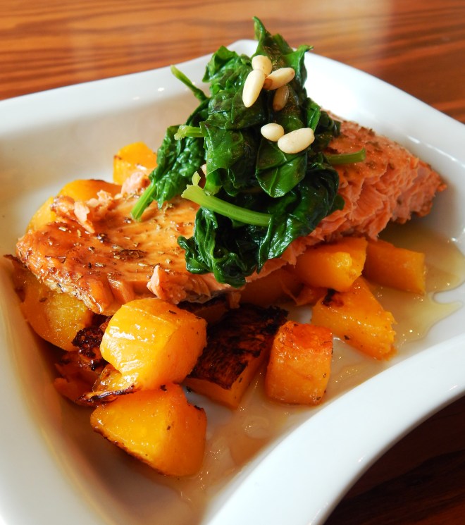 Honey Drizzled Salmon on a bed of Butternut Topped w/ Spinach