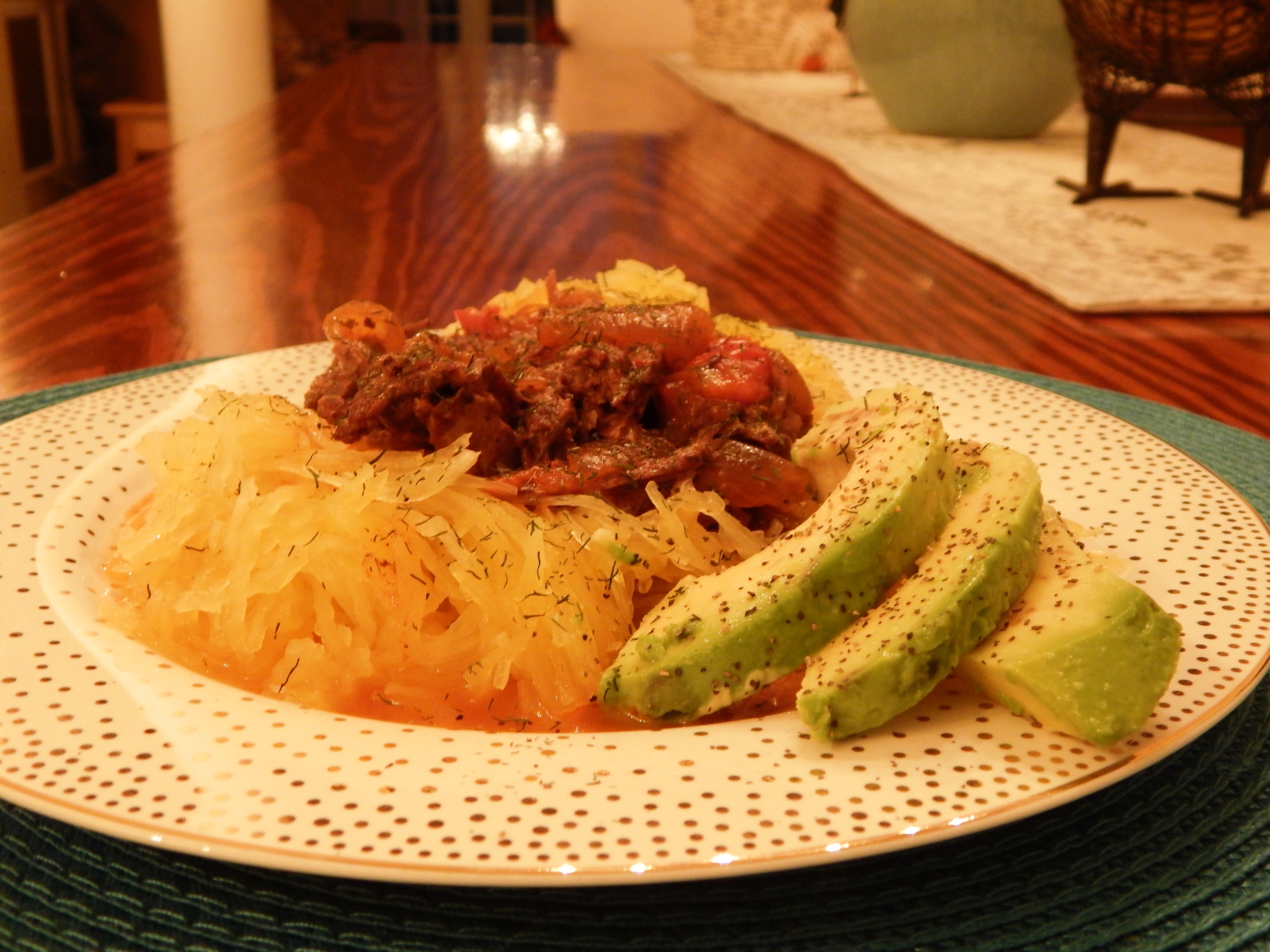 Beef Paprikash on Spaghetti Squash Noodles with Avocado