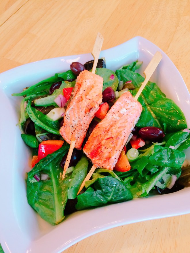 Greek Salad with Grilled Skewered Salmon