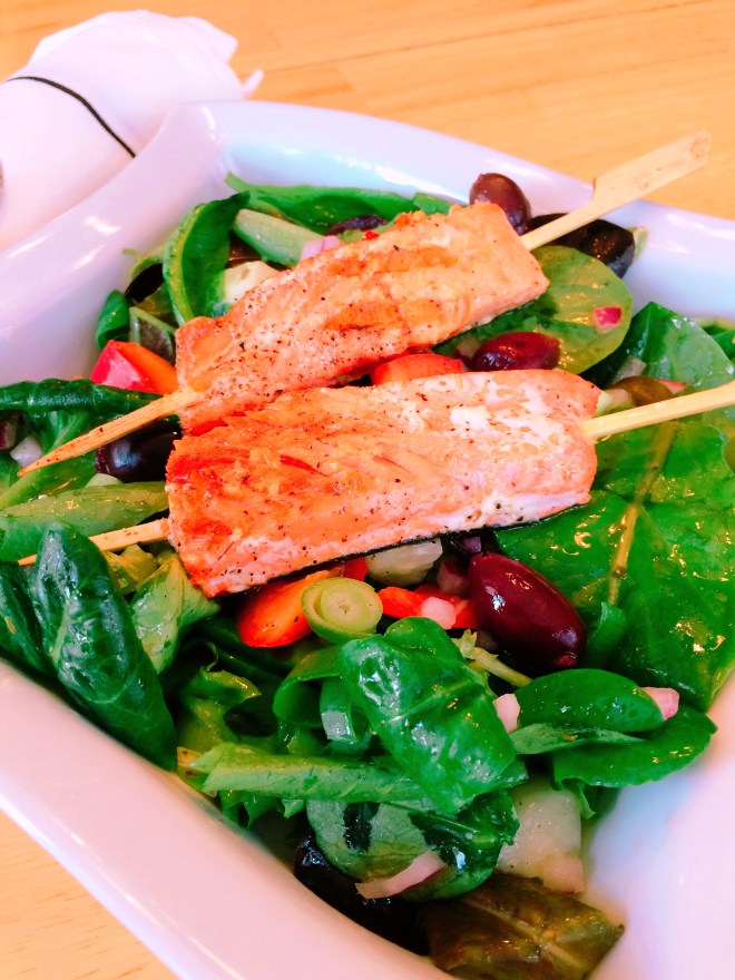 Greek Salad with Skewered Grilled Salmon