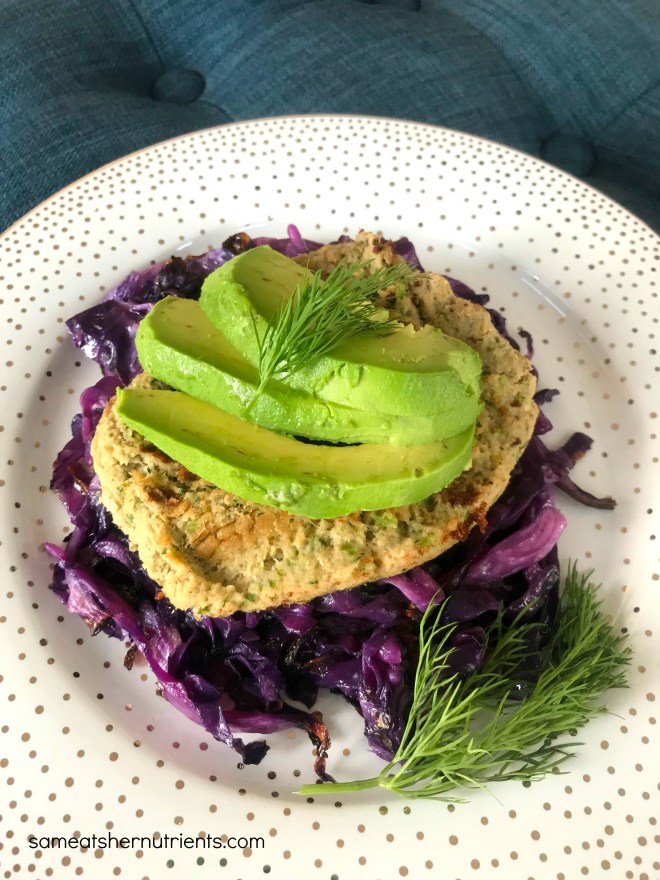 Salmon Burger with Avocado on Roasted Cabbage