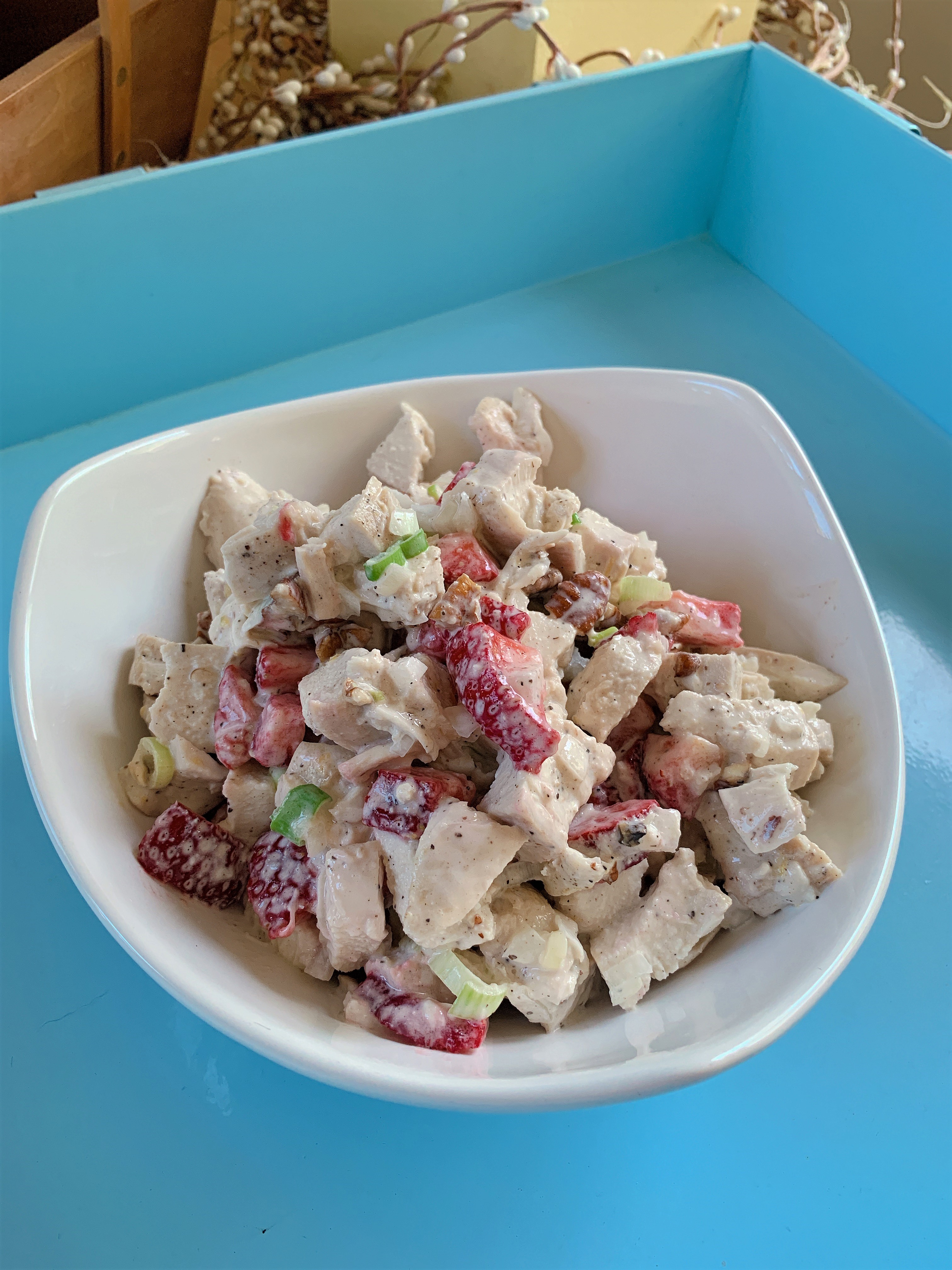 Strawberry Lemon Pepper Chicken Salad on Blue Tray