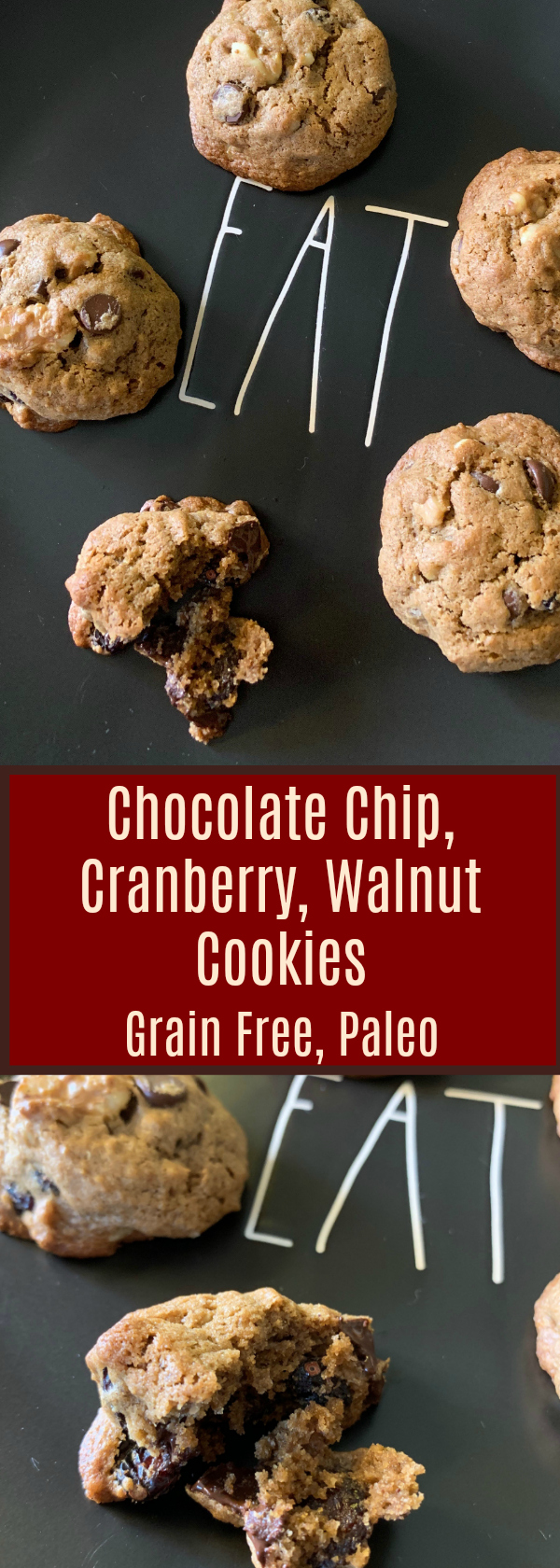 Chocolate Chip, Cranberry, Walnut Grain Free Cookies, Dairy Free, Paleo, Gluten Free