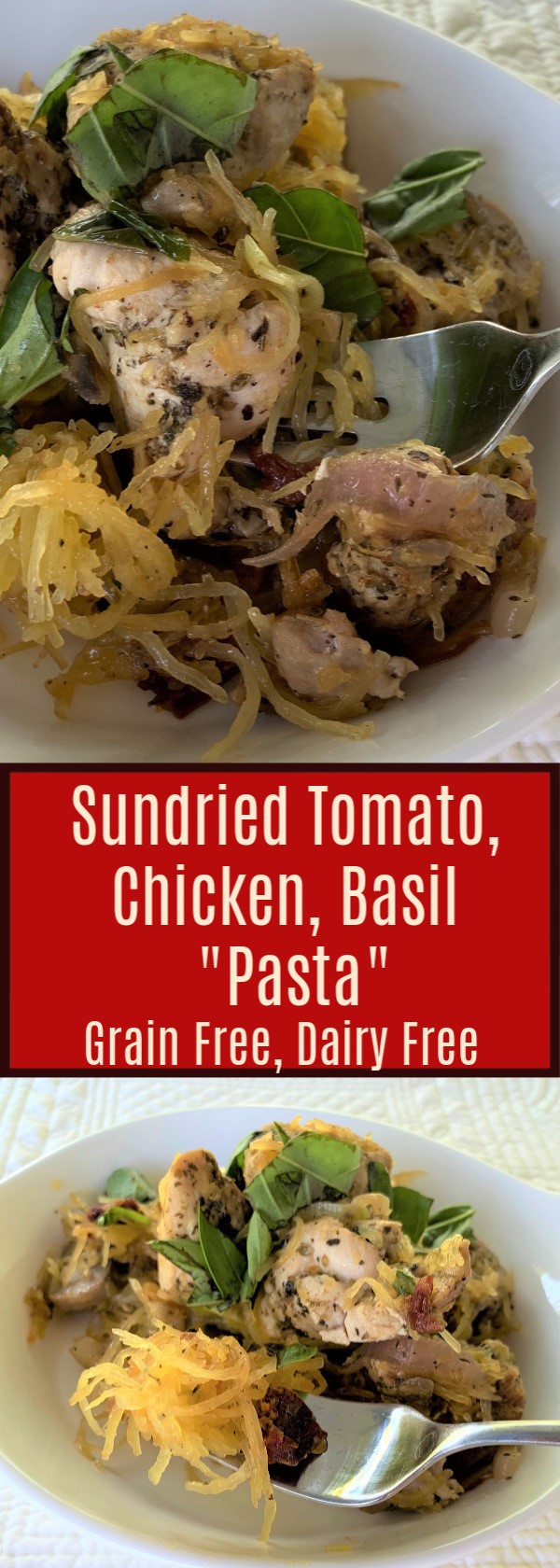 Sundried Tomato, Chicken and Basil Grain Free Pasta has tons of flavor! It uses boneless chicken thighs and is a perfect bowl noodles for Grain Free Pasta Night! Paleo, Dairy, Gluten and Grain Free.